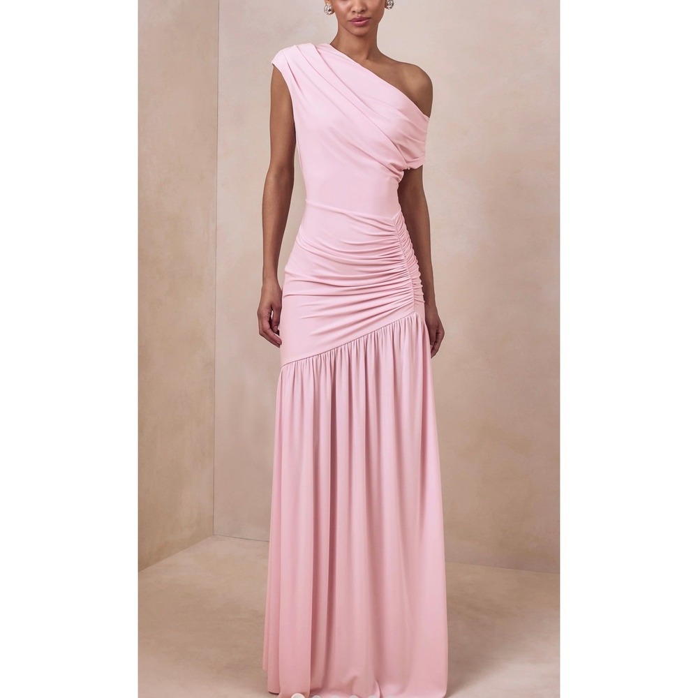Club L London Kady Pink Asymmetric Cowl Neck Ruched Maxi Dress US 12 NEW